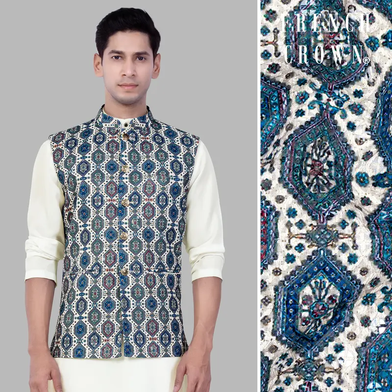 Bluish Blue And Claret Red Thread Embroidered Nehru Jacket 1