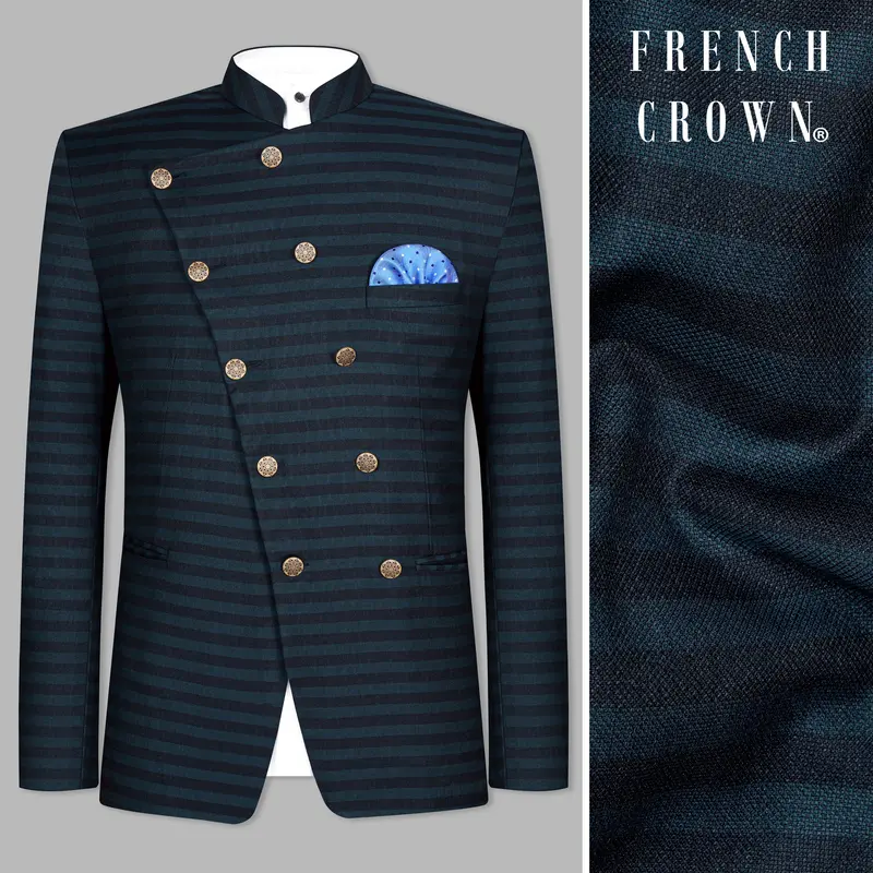 Bluish Blue And Jade Black Striped Cross Placket Bandhgala Blazer 1