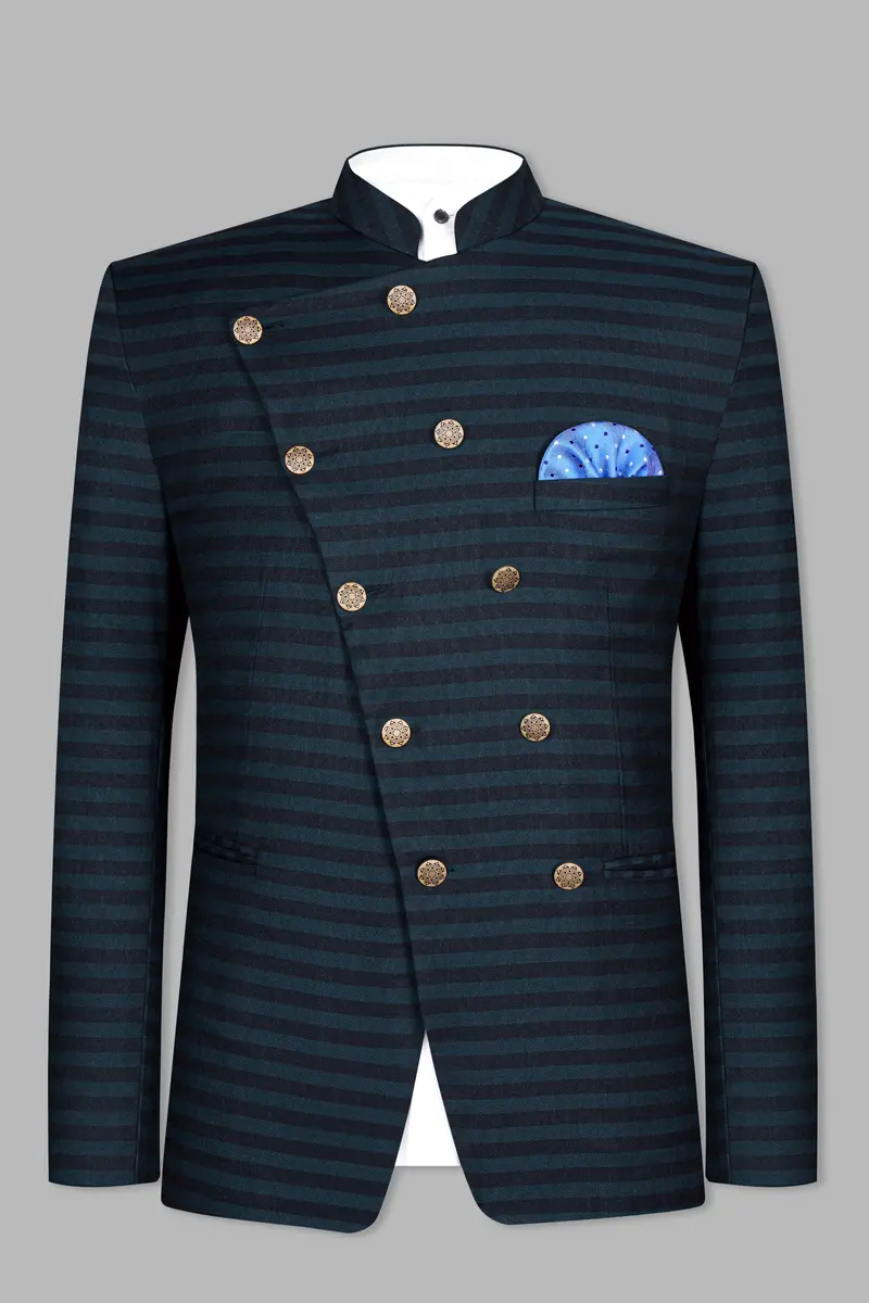 Bluish Blue And Jade Black Striped Cross Placket Bandhgala Blazer 2