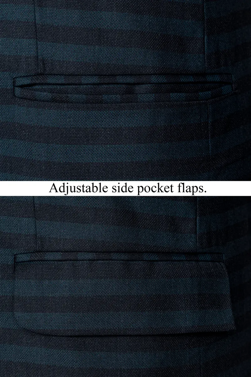 Bluish Blue And Jade Black Striped Cross Placket Bandhgala Blazer 5