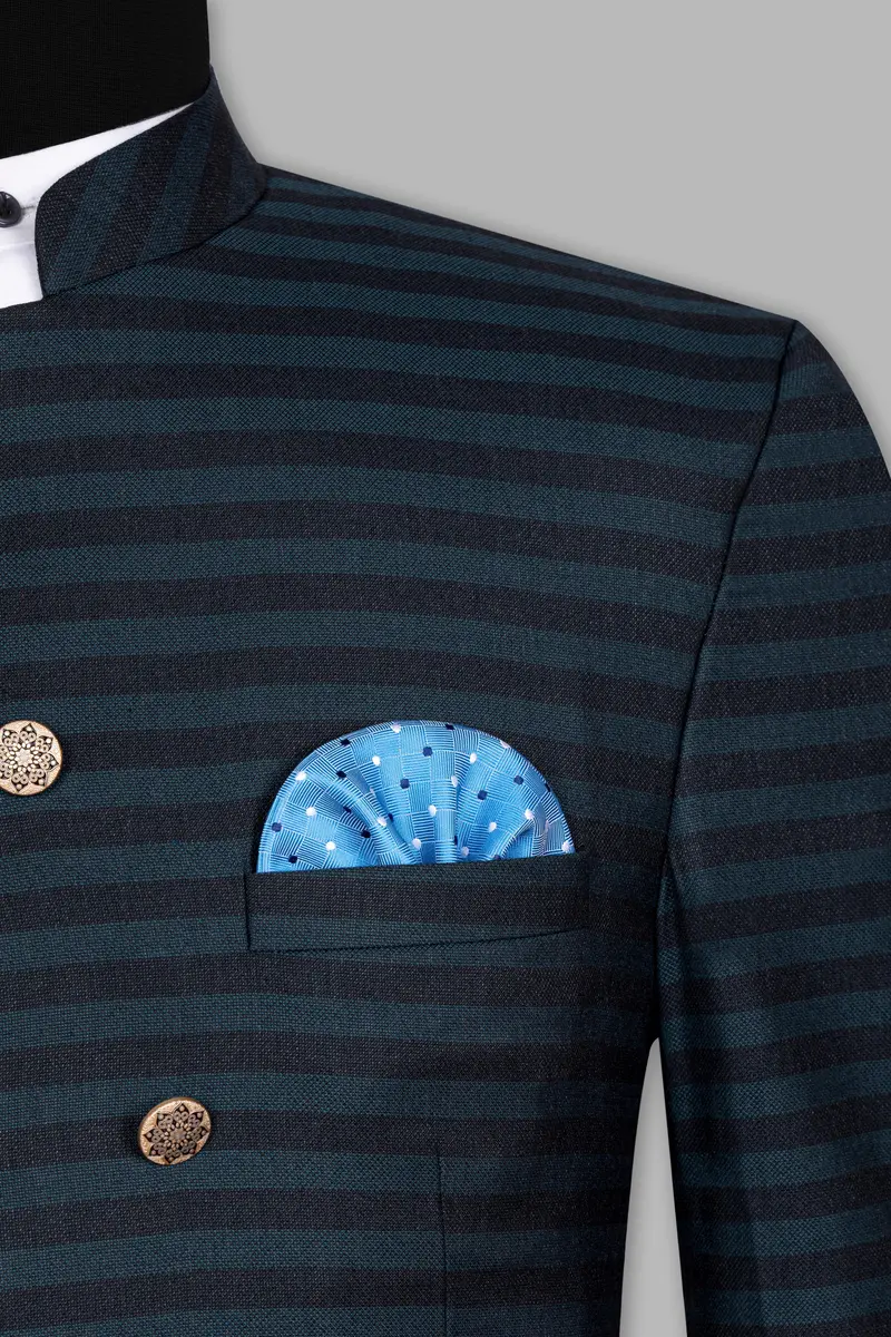 Bluish Blue And Jade Black Striped Cross Placket Bandhgala Blazer 6