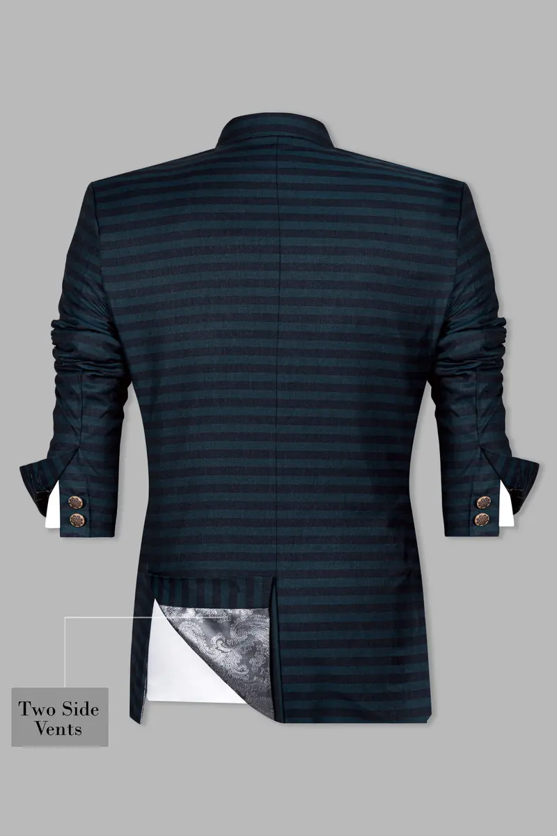 Bluish Blue And Jade Black Striped Cross Placket Bandhgala Blazer 8