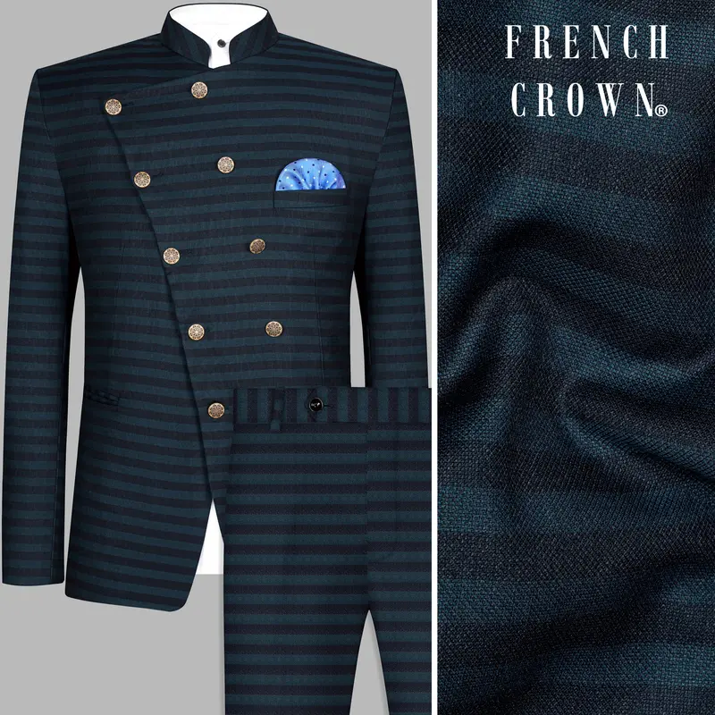 Bluish Blue And Jade Black Striped Cross Placket Bandhgala Suit 1
