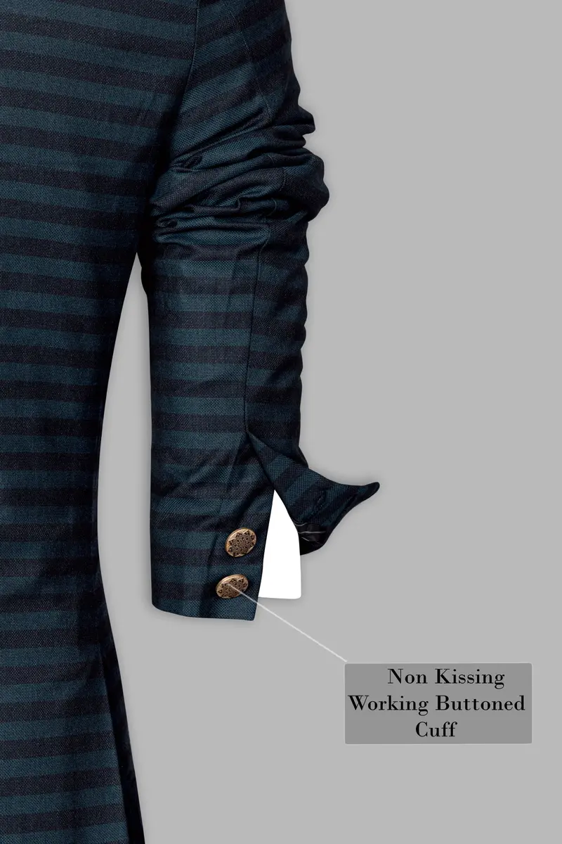 Bluish Blue And Jade Black Striped Cross Placket Bandhgala Suit 11