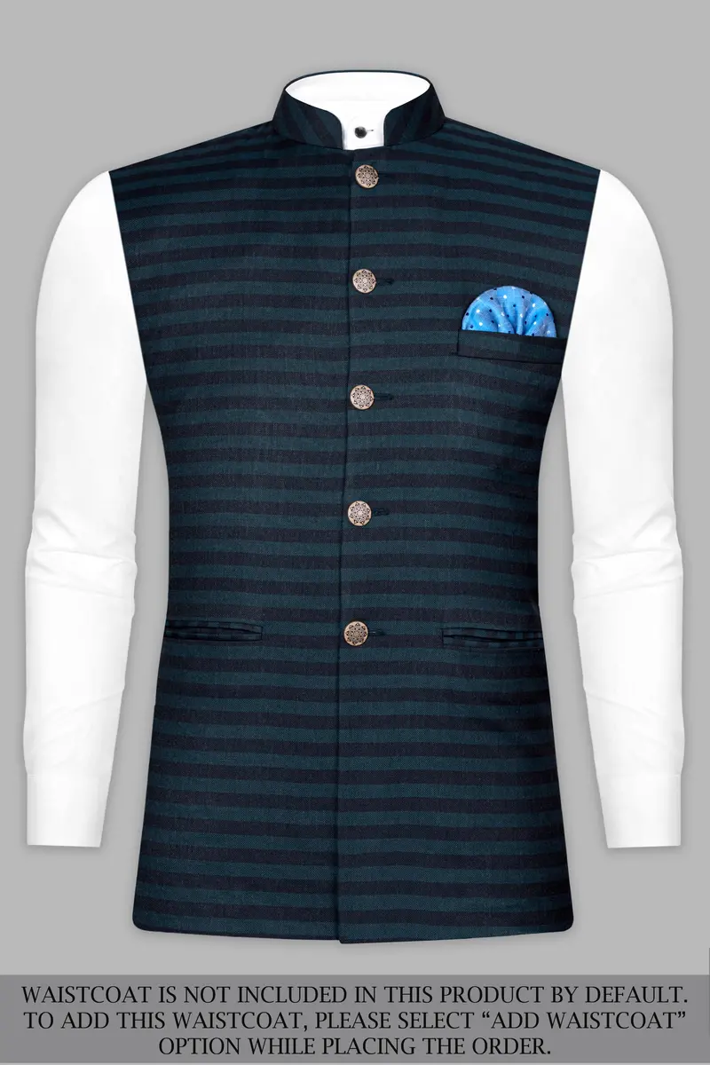Bluish Blue And Jade Black Striped Cross Placket Bandhgala Suit 16