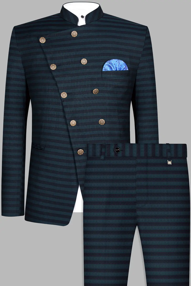 Bluish Blue And Jade Black Striped Cross Placket Bandhgala Suit 2