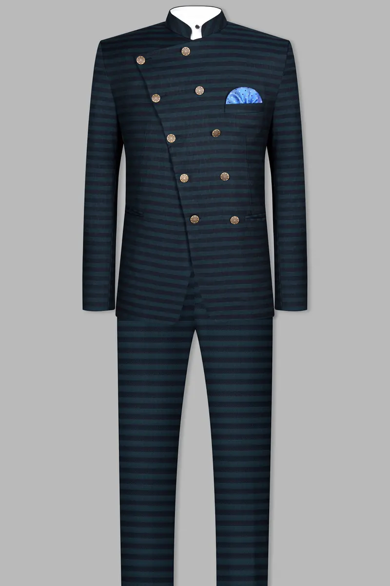Bluish Blue And Jade Black Striped Cross Placket Bandhgala Suit 4
