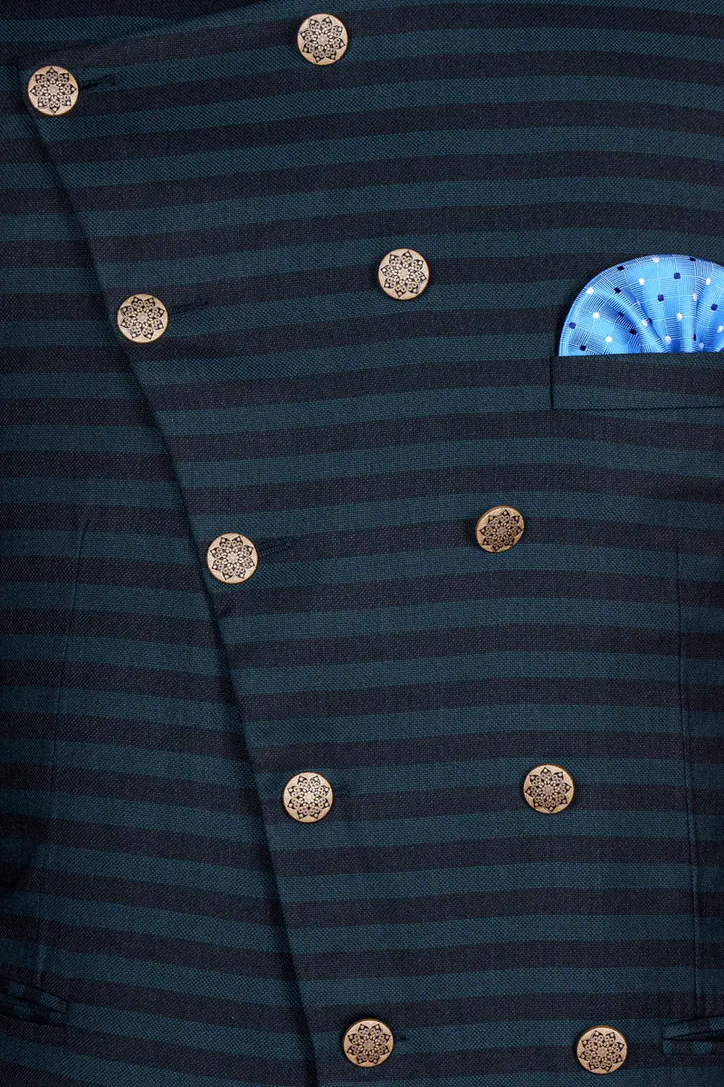 Bluish Blue And Jade Black Striped Cross Placket Bandhgala Suit 5