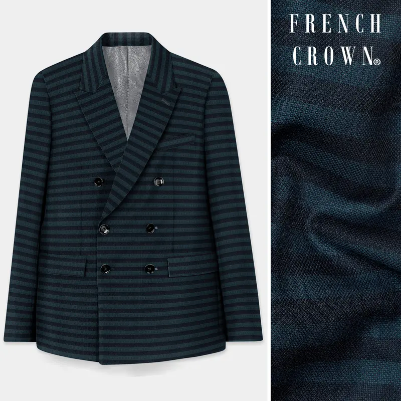 Bluish Blue And Jade Black Striped Wool Rich Double Breasted Blazer 1