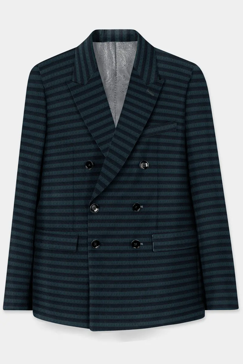 Bluish Blue And Jade Black Striped Wool Rich Double Breasted Blazer 2