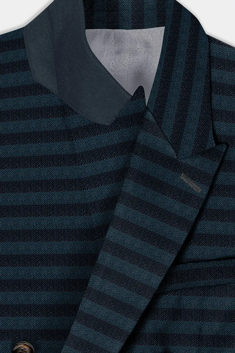 Bluish Blue And Jade Black Striped Wool Rich Double Breasted Blazer 4