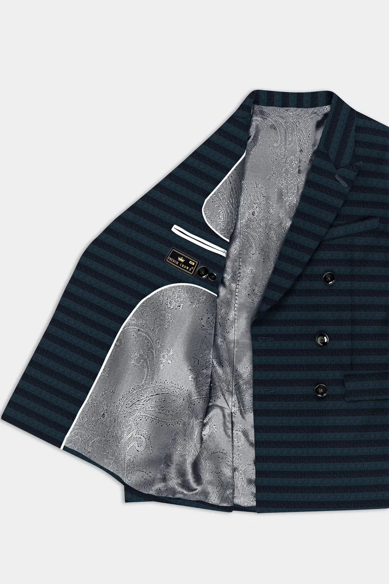 Bluish Blue And Jade Black Striped Wool Rich Double Breasted Blazer 5