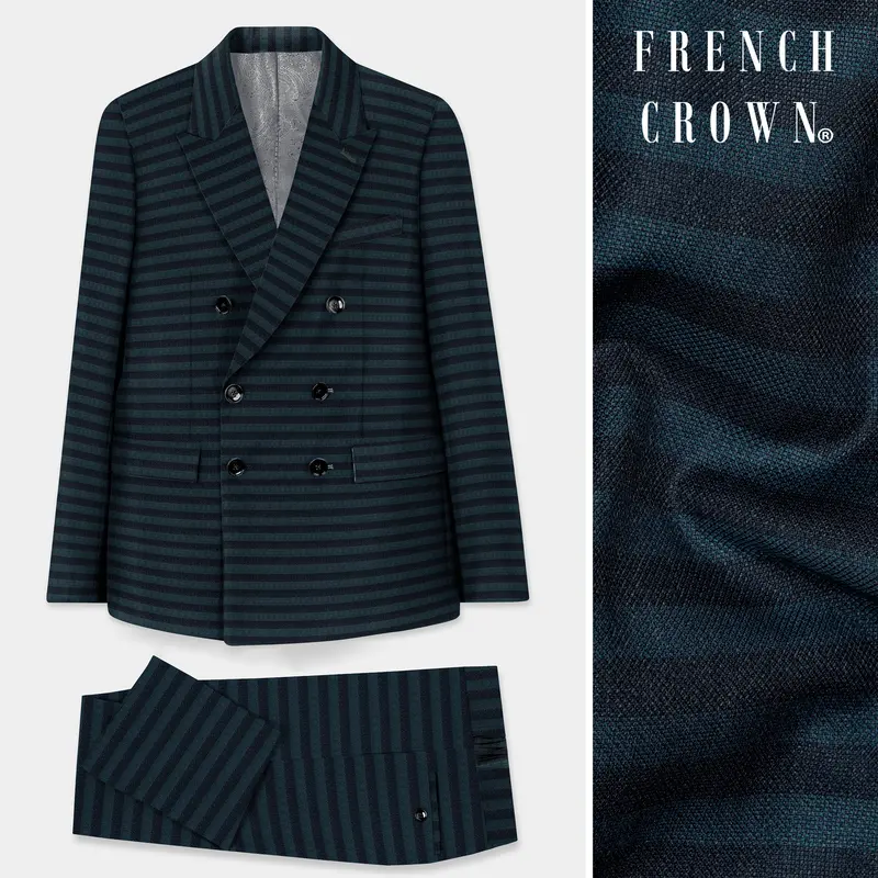 Bluish Blue And Jade Black Striped Wool Rich Double Breasted Suit 1