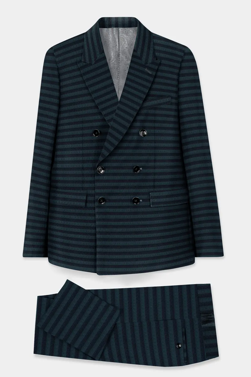 Bluish Blue And Jade Black Striped Wool Rich Double Breasted Suit 2