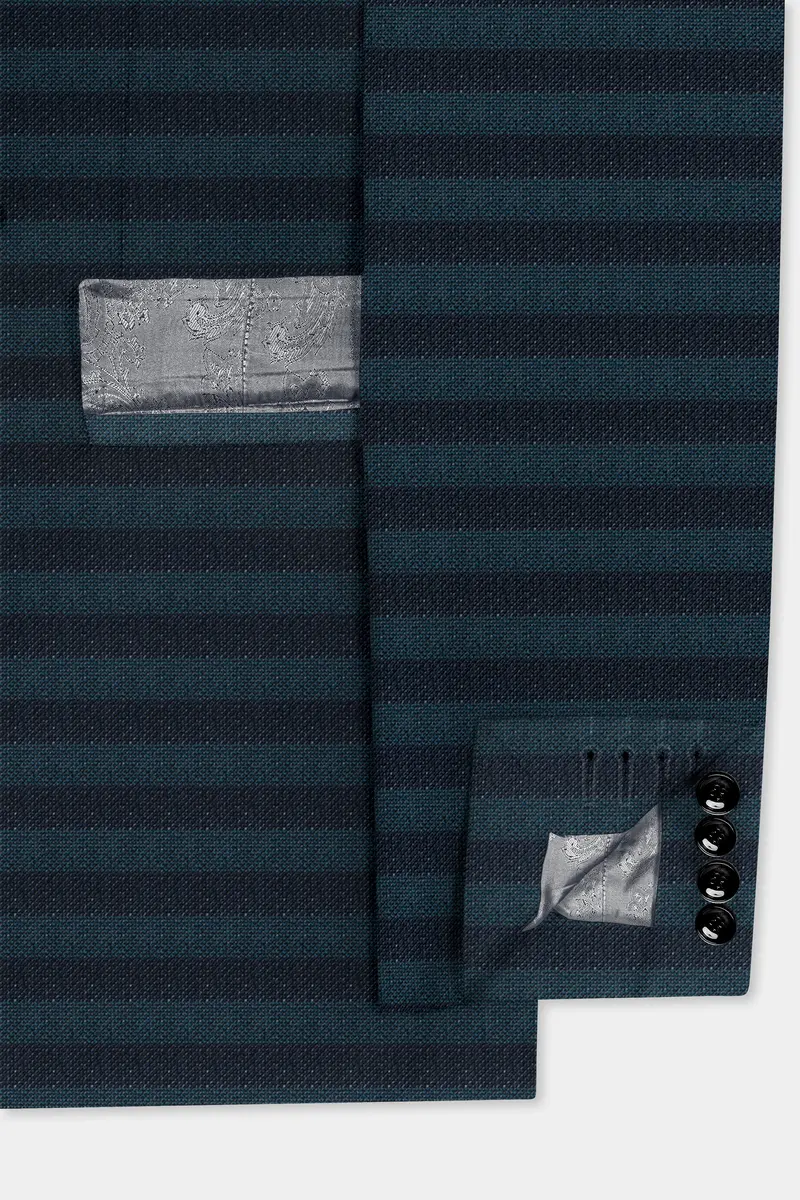 Bluish Blue And Jade Black Striped Wool Rich Double Breasted Suit 6