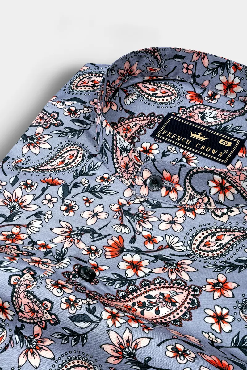 Bluish Gray Multicolour Paisley Printed Poplin Giza Cotton Shirt 1