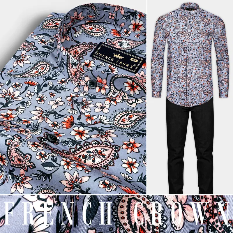 Bluish Gray Multicolour Paisley Printed Poplin Giza Cotton Shirt 10
