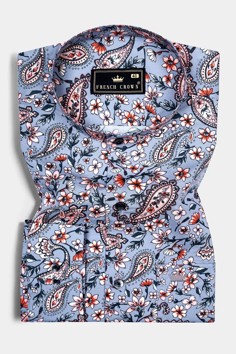 Bluish Gray Multicolour Paisley Printed Poplin Giza Cotton Shirt 3