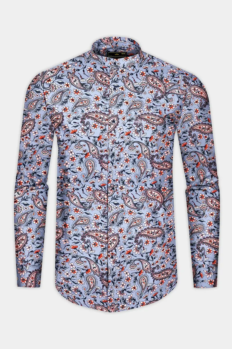 Bluish Gray Multicolour Paisley Printed Poplin Giza Cotton Shirt 4