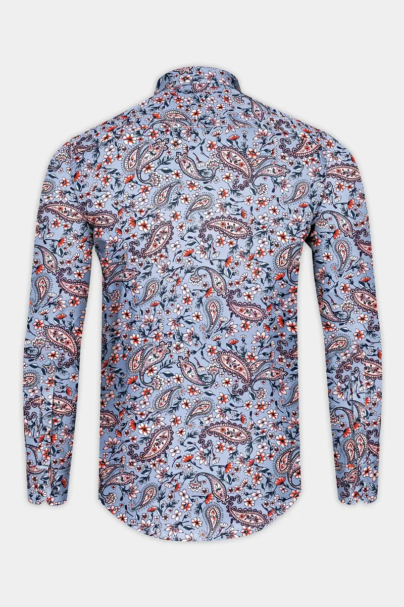 Bluish Gray Multicolour Paisley Printed Poplin Giza Cotton Shirt 5