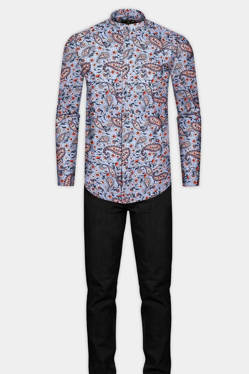 Bluish Gray Multicolour Paisley Printed Poplin Giza Cotton Shirt 6