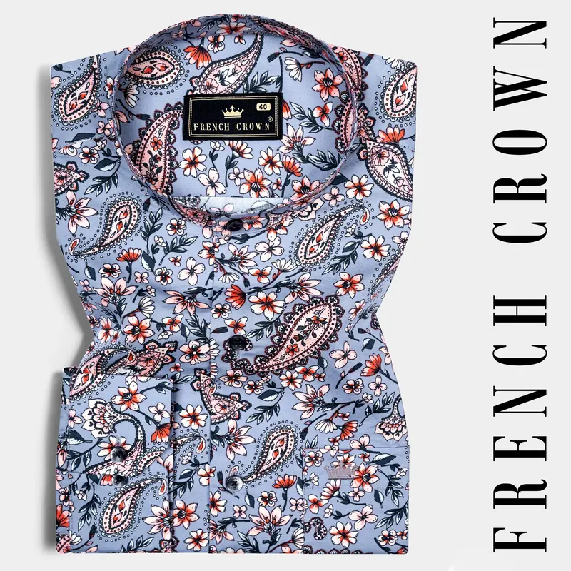 Bluish Gray Multicolour Paisley Printed Poplin Giza Cotton Shirt 7