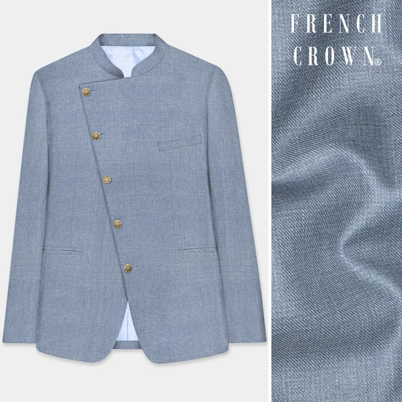 Bluish Windowpane Wool Rich Cross Placket Bandhgala Blazer 1