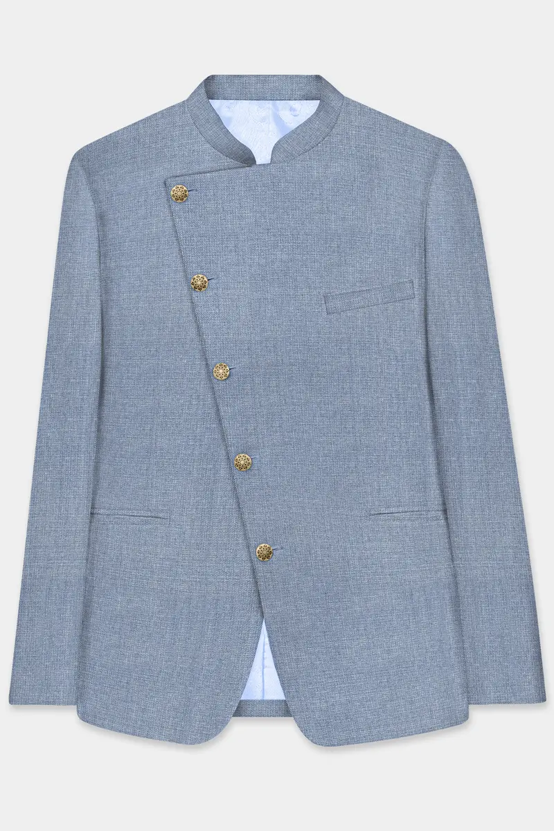 Bluish Windowpane Wool Rich Cross Placket Bandhgala Blazer 2