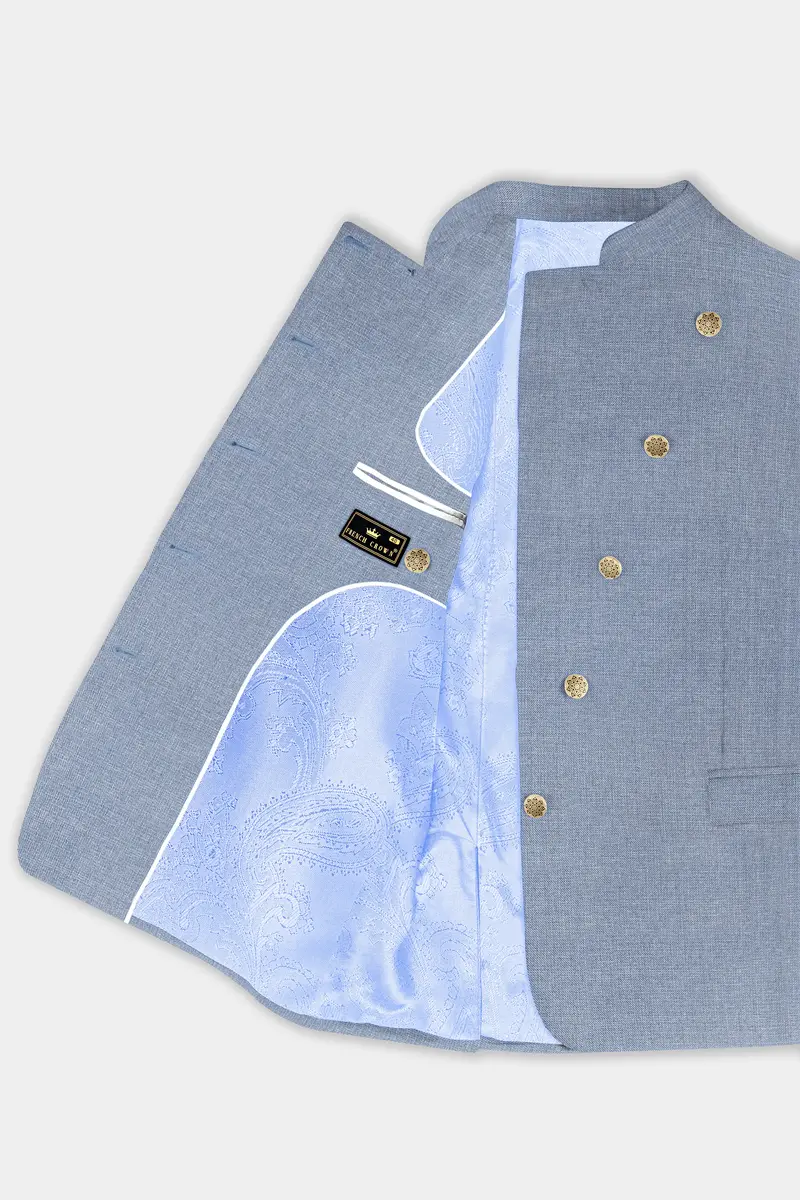 Bluish Windowpane Wool Rich Cross Placket Bandhgala Blazer 4