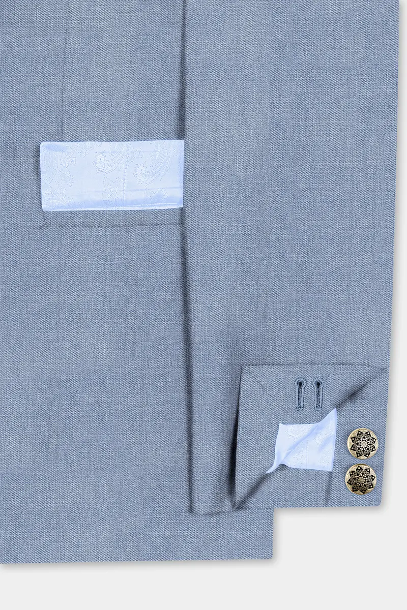 Bluish Windowpane Wool Rich Cross Placket Bandhgala Blazer 5