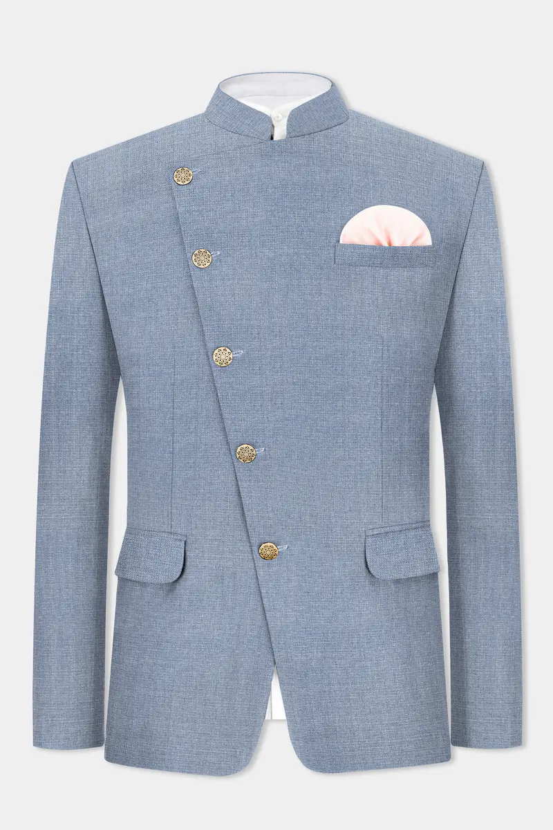Bluish Windowpane Wool Rich Cross Placket Bandhgala Blazer 7
