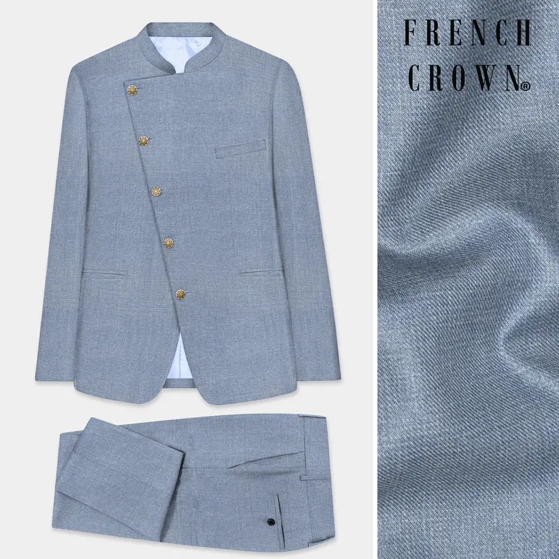Bluish Windowpane Wool Rich Cross Placket Bandhgala Suit 1