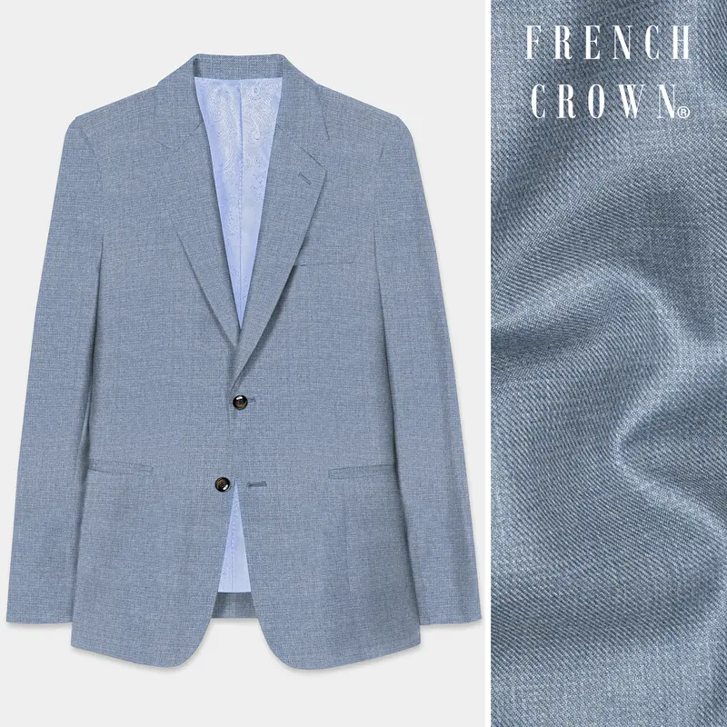 Bluish Wool Rich Single Breasted Blazer 1