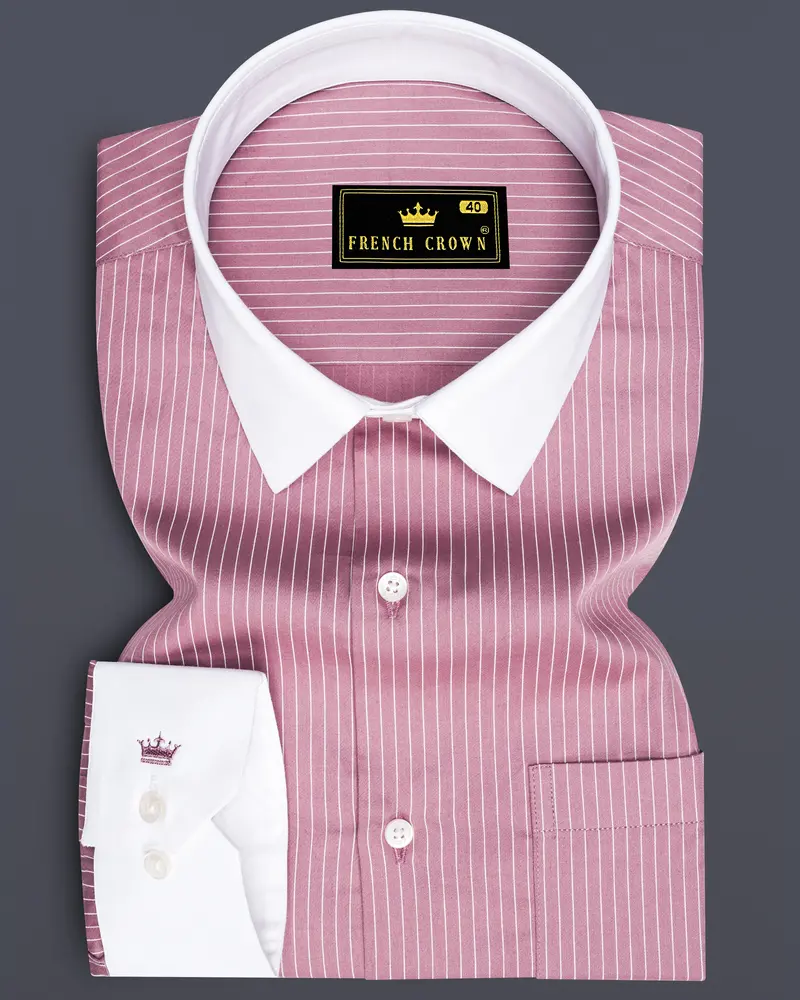 Blush-Bazaar Pink Pin Striped Subtle Sheen Super Soft Premium Cotton Dress White Cuff Collar Shirt 1
