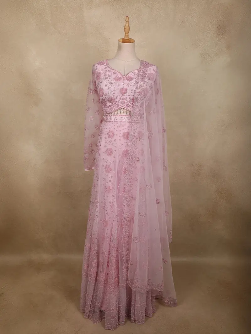 Blush Pastel Pink Floral Beads Embellished Design Net Lehenga With Net Dupatta 1