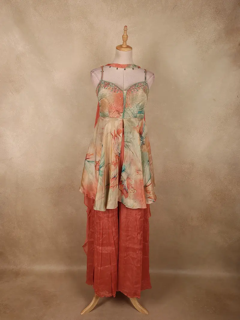 Blush Peach Abstract Printed Design Crepe Palazzo Suit With Dupatta 1