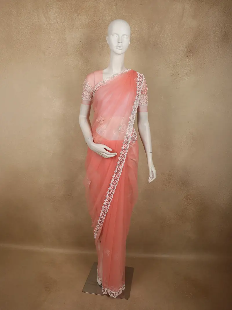 Blush Peach Floral Beads Embroidered Design Net Designer Saree With Designer Border 1