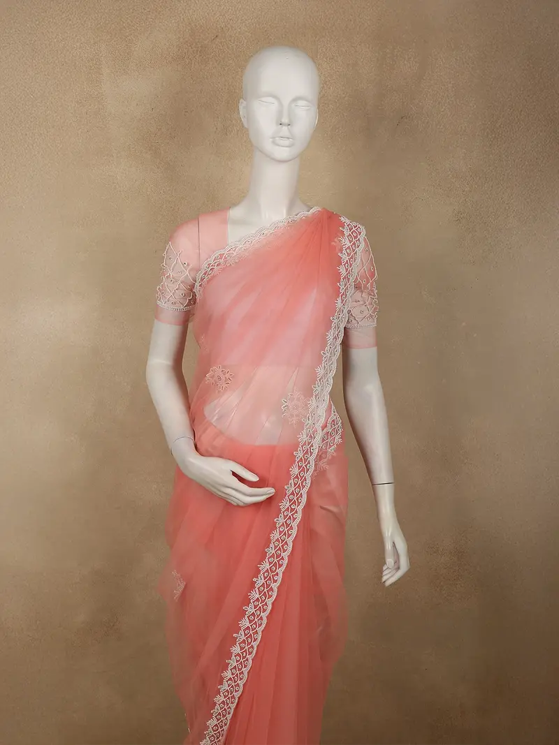 Blush Peach Floral Beads Embroidered Design Net Designer Saree With Designer Border 2