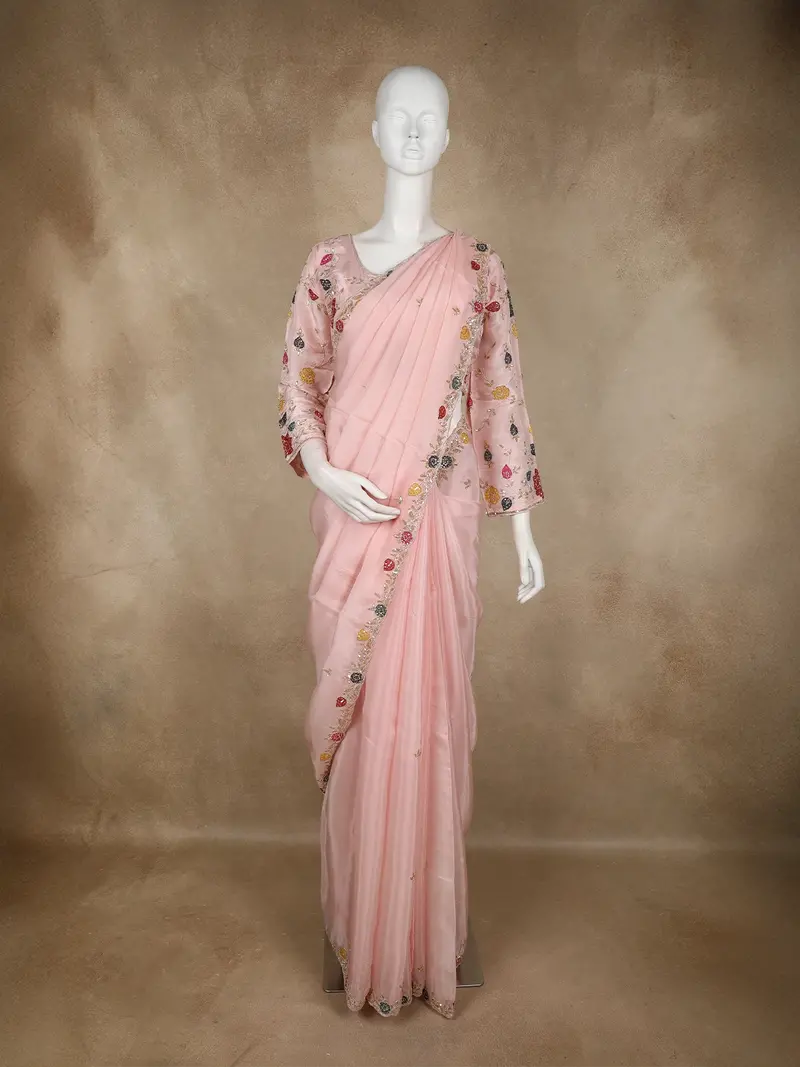 Blush Peach Floral Sequins Embroidered Design Satin Designer Saree With Blouse 1