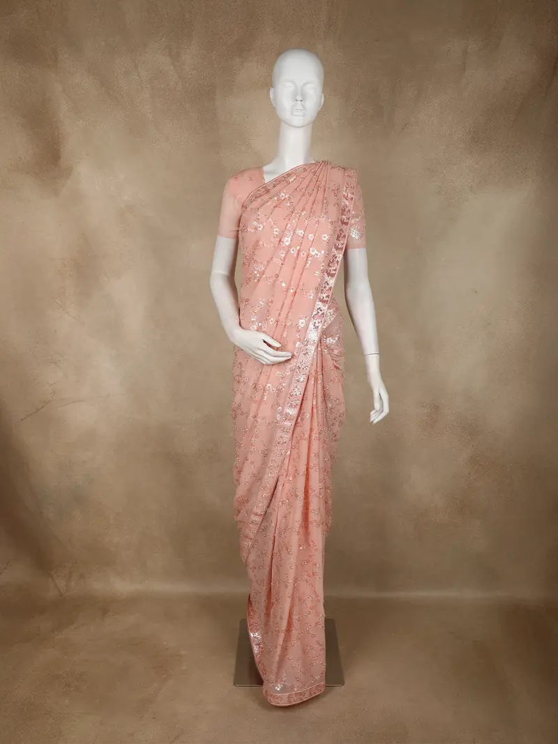 Blush Peach Heavy Sequins Embroidered Design Chiffon Designer Saree 1