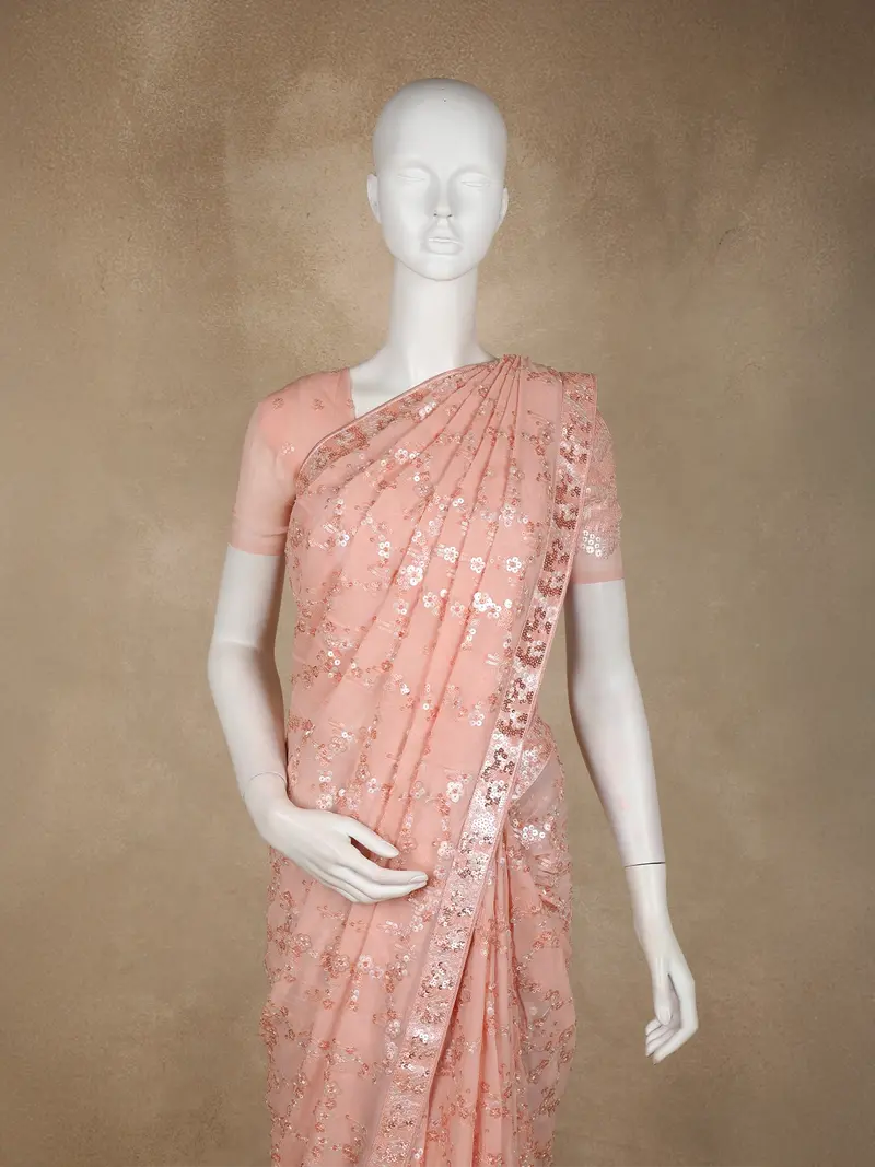 Blush Peach Heavy Sequins Embroidered Design Chiffon Designer Saree 2