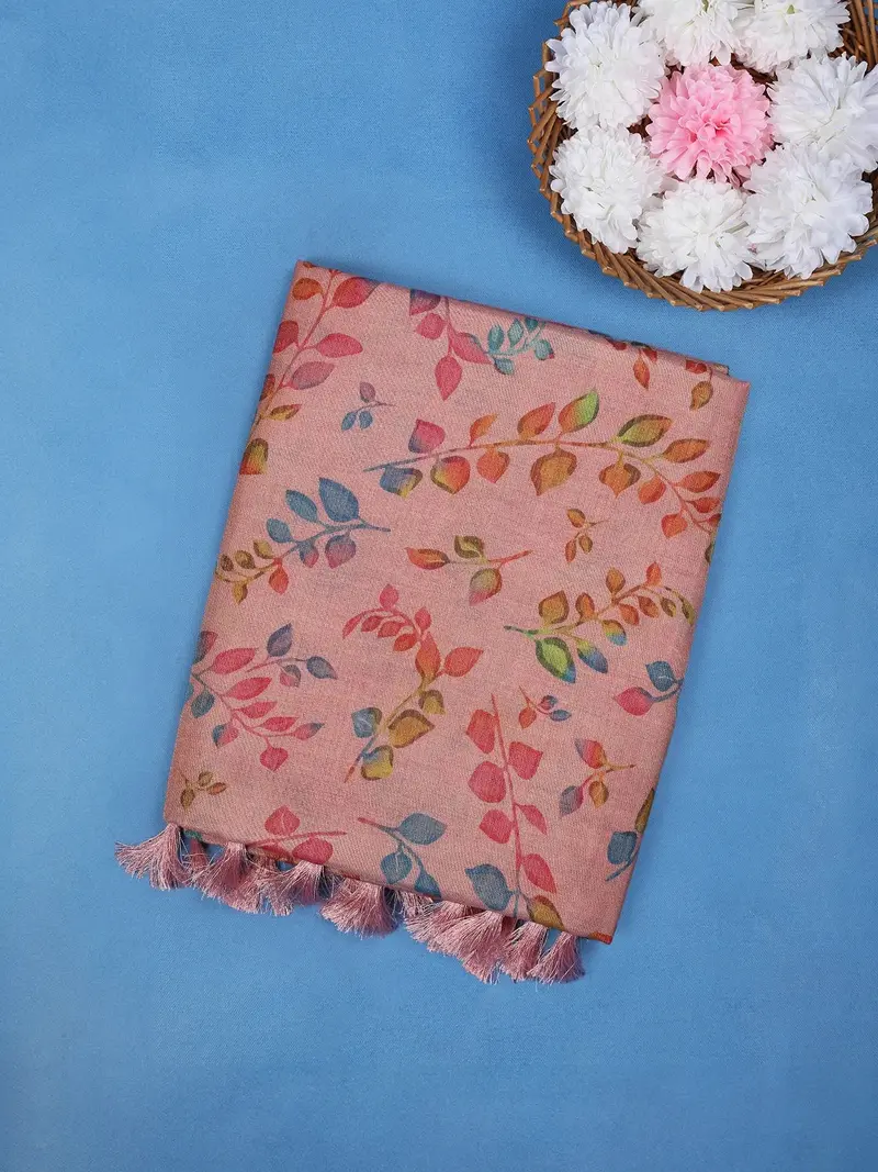 Blush Peach Multicolor Leaf Print Cotton Saree 1