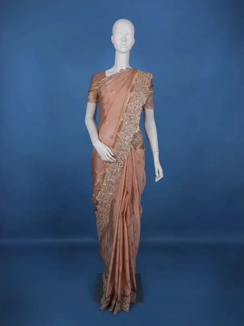 Blush Peach Peacock Woven Banarasi Silk Saree With Heavy Embroidered Border 1