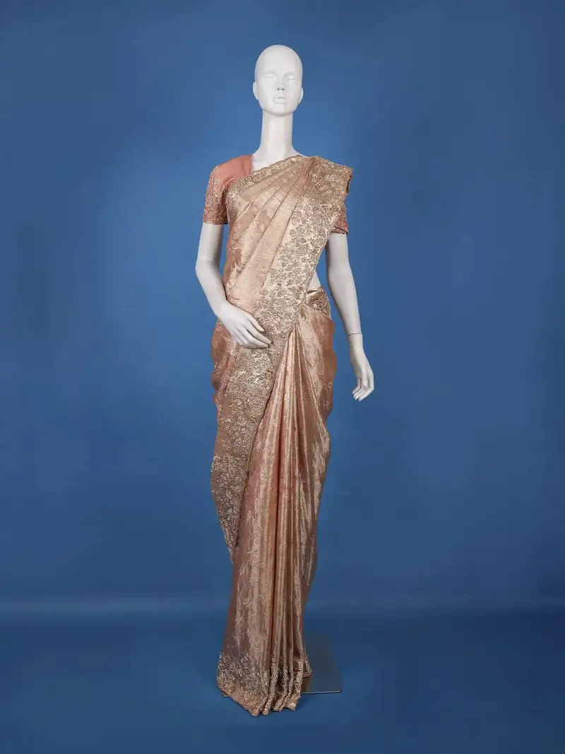 Blush Peach Sequence And Floral Embroidery Bridal Banarasi Silk Saree 1