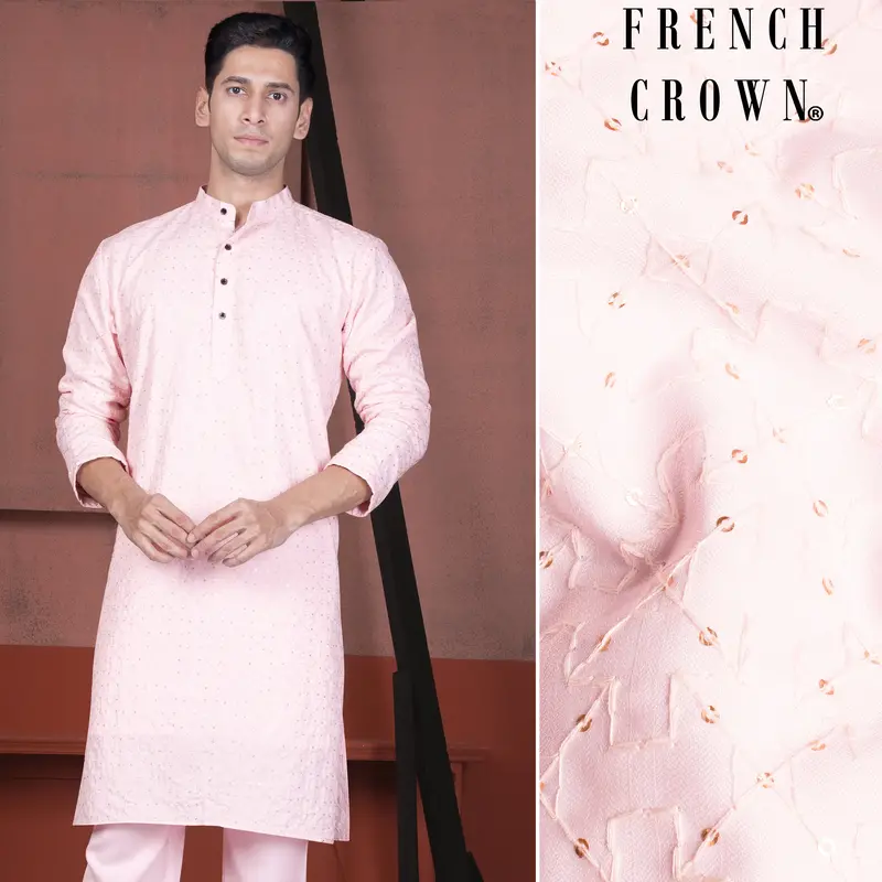 Blush Peach Viscose Embroidered With Tikki Work Designer Kurta 1