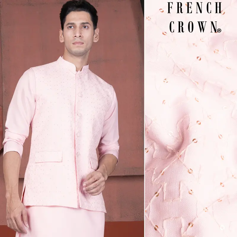 Blush Peach Viscose Embroidered With Tikki Work Designer Nehru Jacket 1
