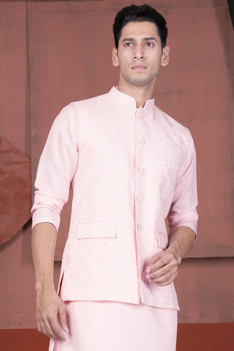 Blush Peach Viscose Embroidered With Tikki Work Designer Nehru Jacket 2
