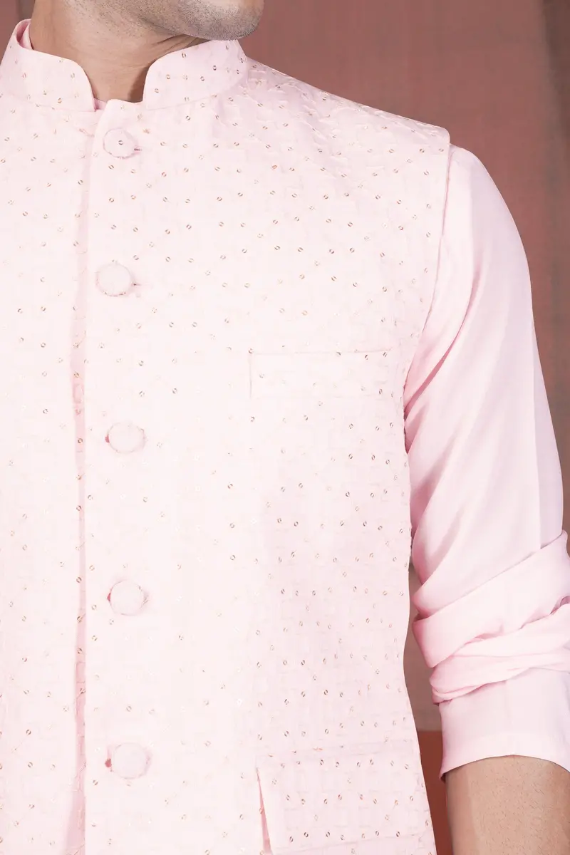 Blush Peach Viscose Embroidered With Tikki Work Designer Nehru Jacket 4