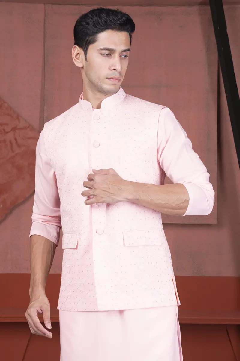 Blush Peach Viscose Embroidered With Tikki Work Designer Nehru Jacket 5