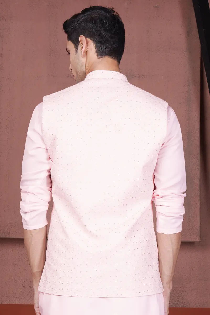 Blush Peach Viscose Embroidered With Tikki Work Designer Nehru Jacket 6